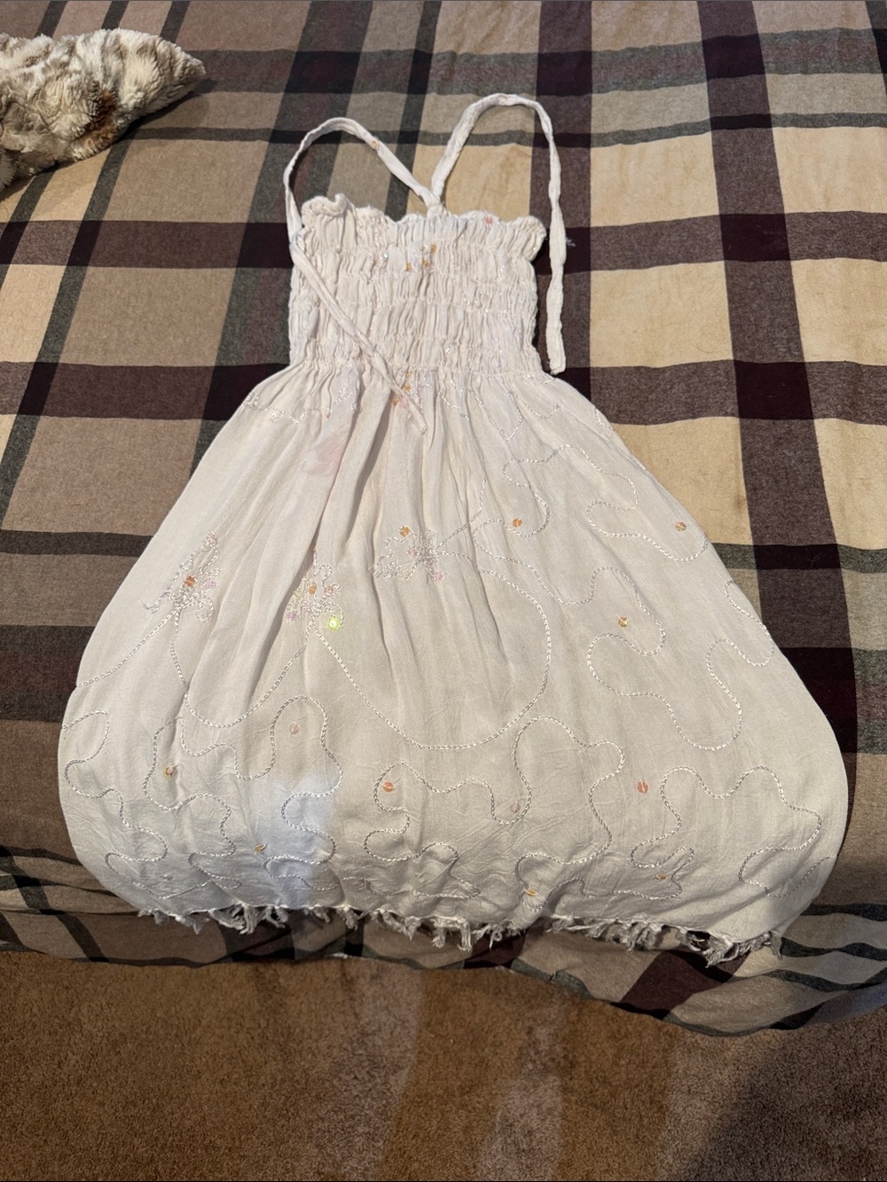 Woman’s White Smocked Sundress with Sequin Embroidery